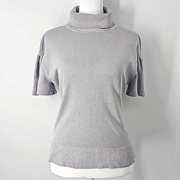 Silver Metallic Turtleneck Sweater w Short Flutter Sleeves & Ribbed Detail - Picture 1 of 11